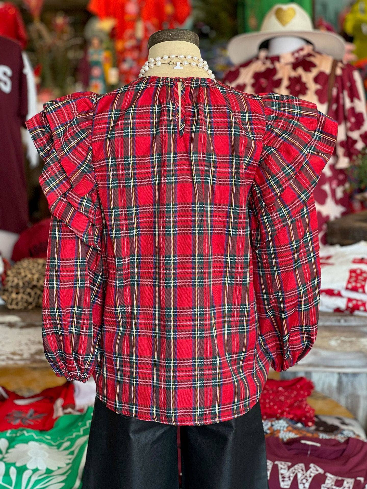 Christmas red & green plaid ruffle Balloon Sleeve blouse