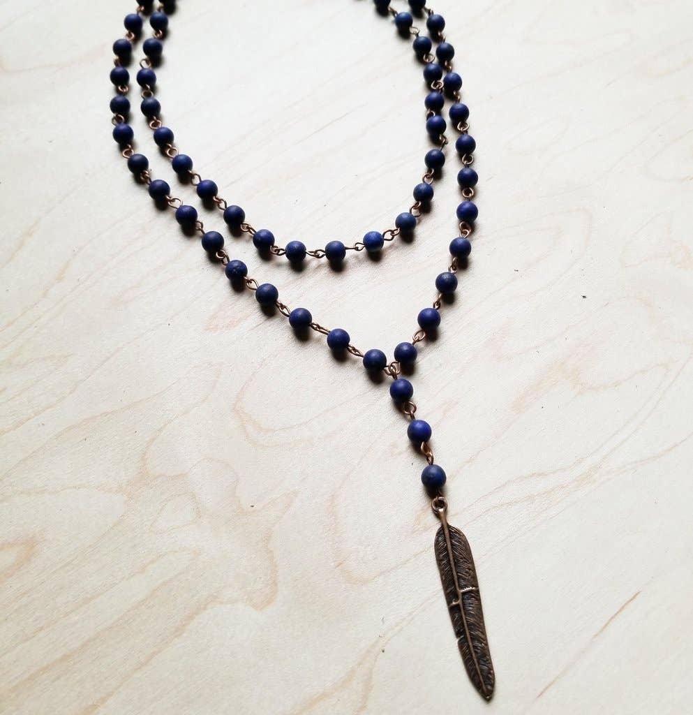 Blue Lapis Double Strand Lariat Necklace with Copper Feather