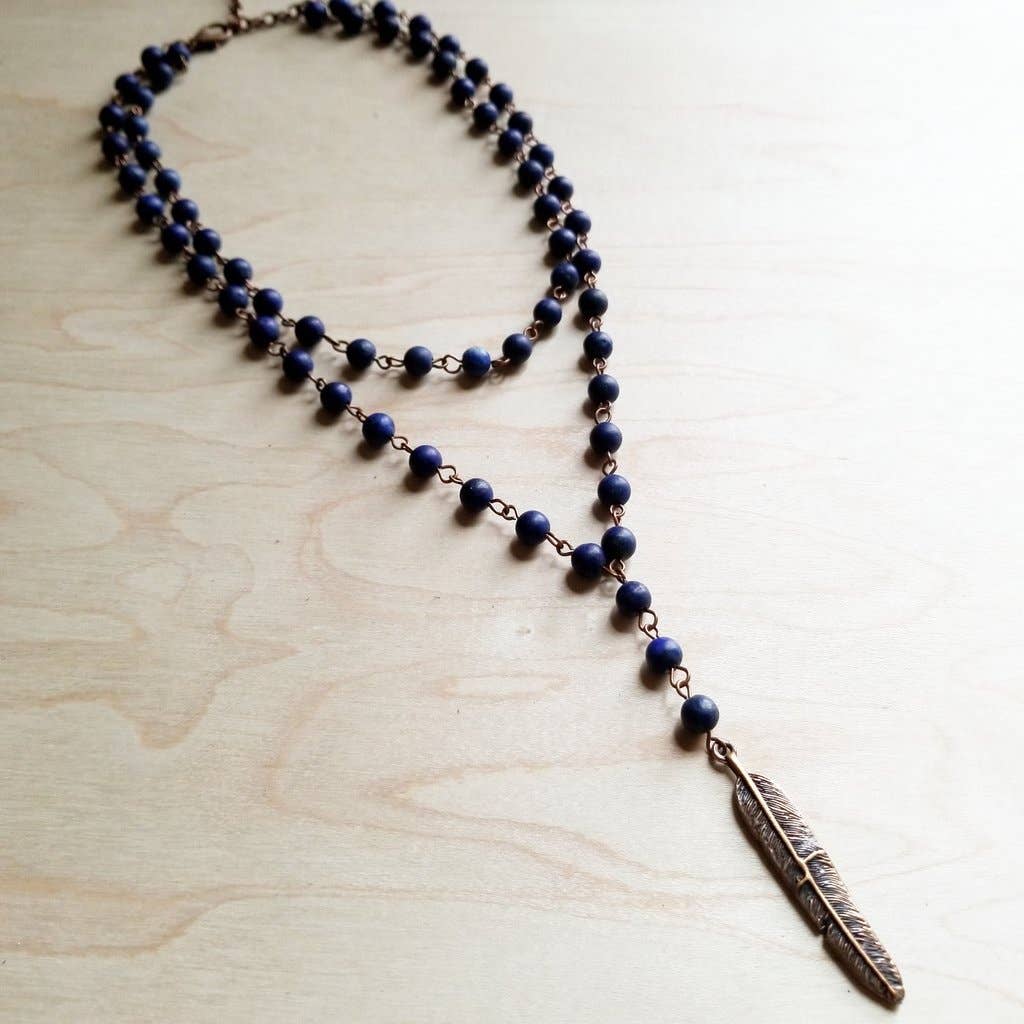 Blue Lapis Double Strand Lariat Necklace with Copper Feather