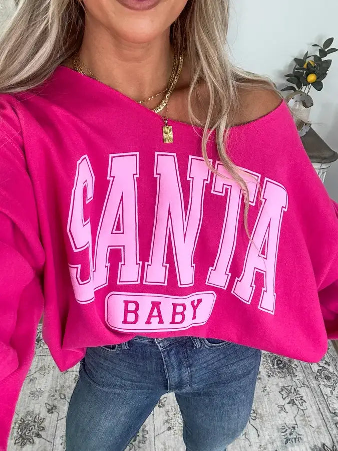 Santa Baby Sangria Off Shoulder Graphic Crewneck