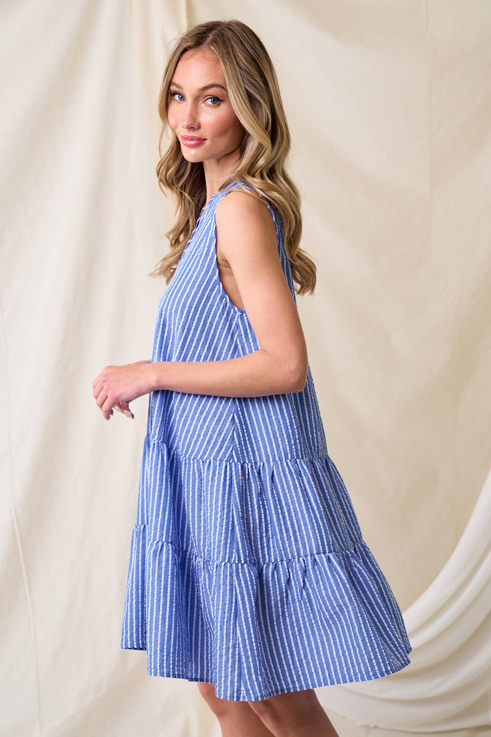 SD2569A STRIPE WESTERN PREPPY S/L SEARSUCKER TIER DRESS