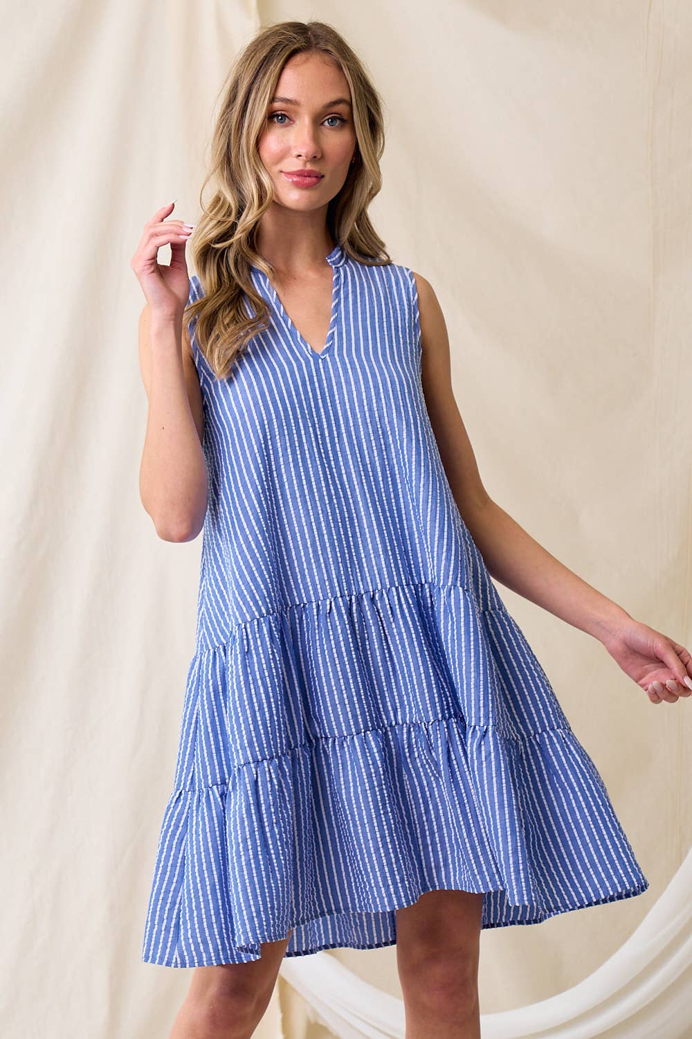 SD2569A STRIPE WESTERN PREPPY S/L SEARSUCKER TIER DRESS