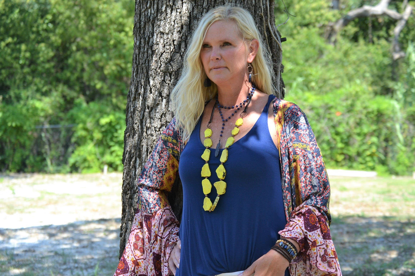 Blue Lapis Double Strand Lariat Necklace with Copper Feather