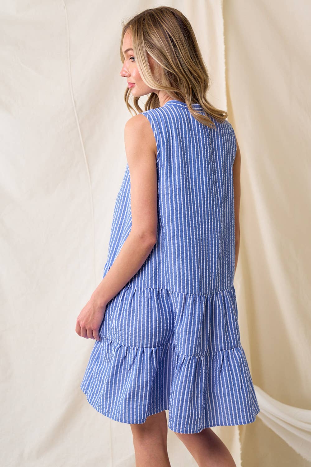 SD2569A STRIPE WESTERN PREPPY S/L SEARSUCKER TIER DRESS