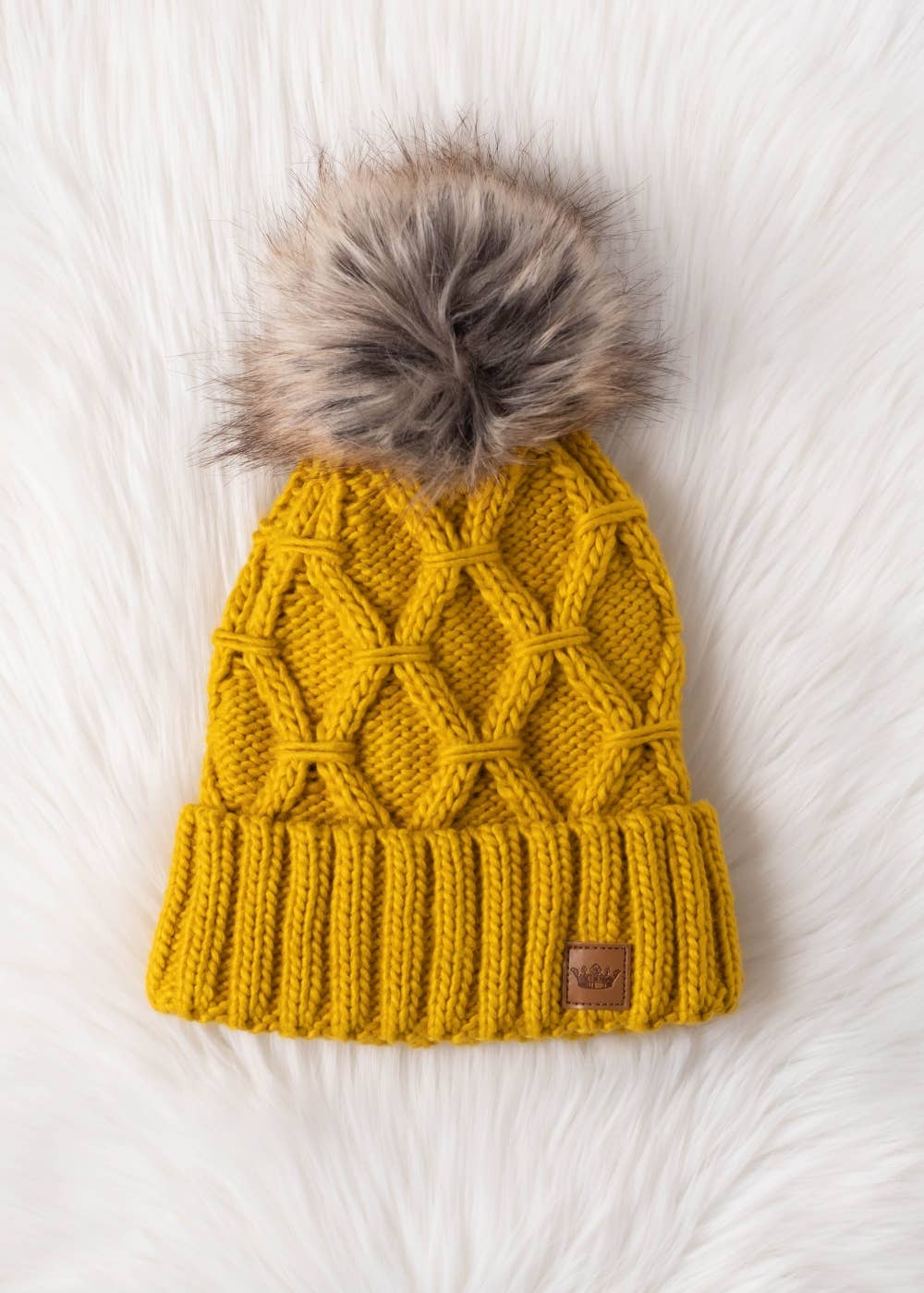 Panache Apparel Co. - Mustard Diamond Cable Knit Pom Hat