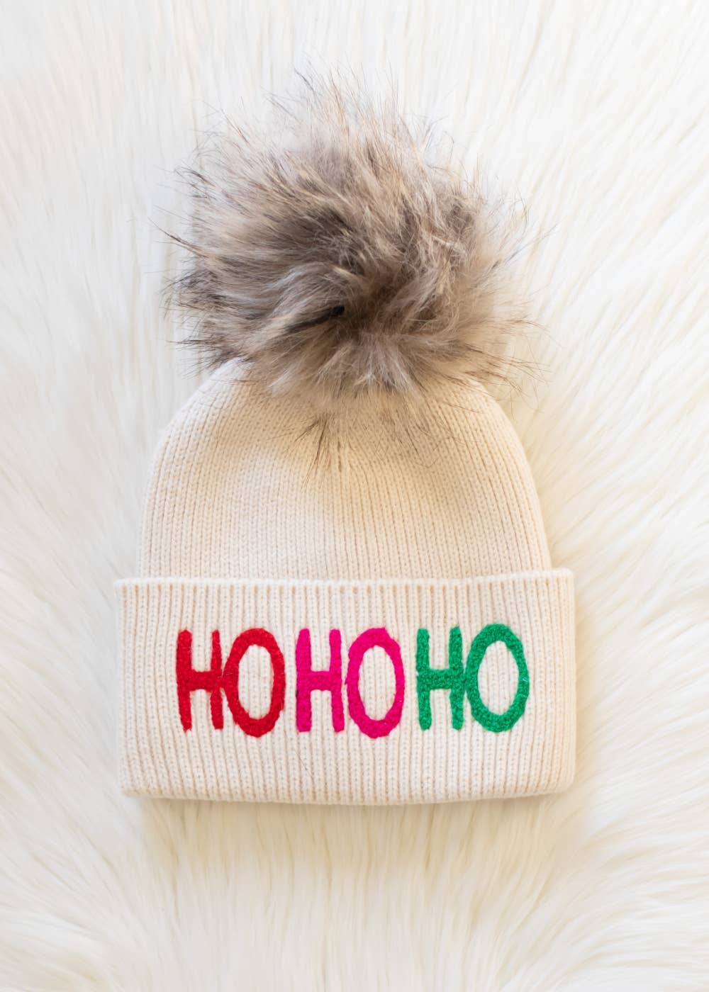 Panache Apparel Co. - Beige Ho Ho Ho Knit Pom Hat