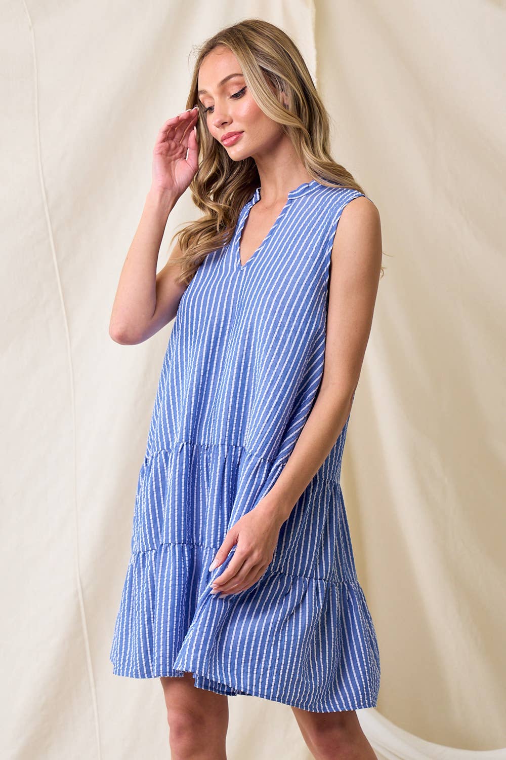 SD2569A STRIPE WESTERN PREPPY S/L SEARSUCKER TIER DRESS