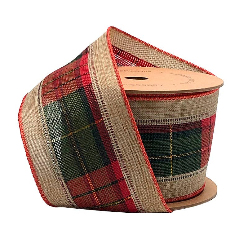 LA Ribbons Wholesale - 2 1/2" Burlap Holiday Wired Ribbon | "Plaid" Natural/Black/Red | 10 Yard Roll