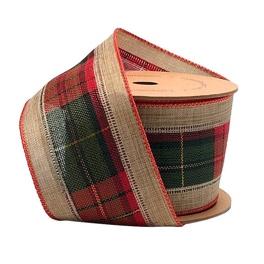 LA Ribbons Wholesale - 2 1/2" Burlap Holiday Wired Ribbon | "Plaid" Natural/Black/Red | 10 Yard Roll