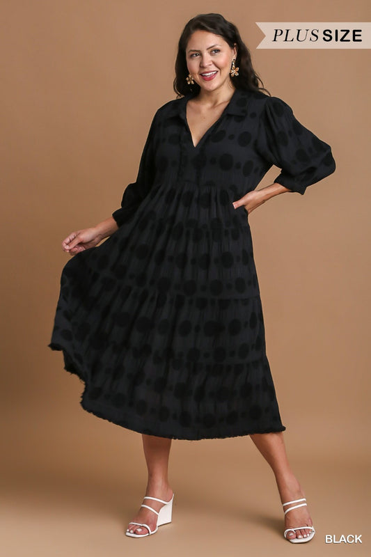 Solid Dotted V-Neck Collared Tiered Midi Dress with Long Balloon Sleeves|15928