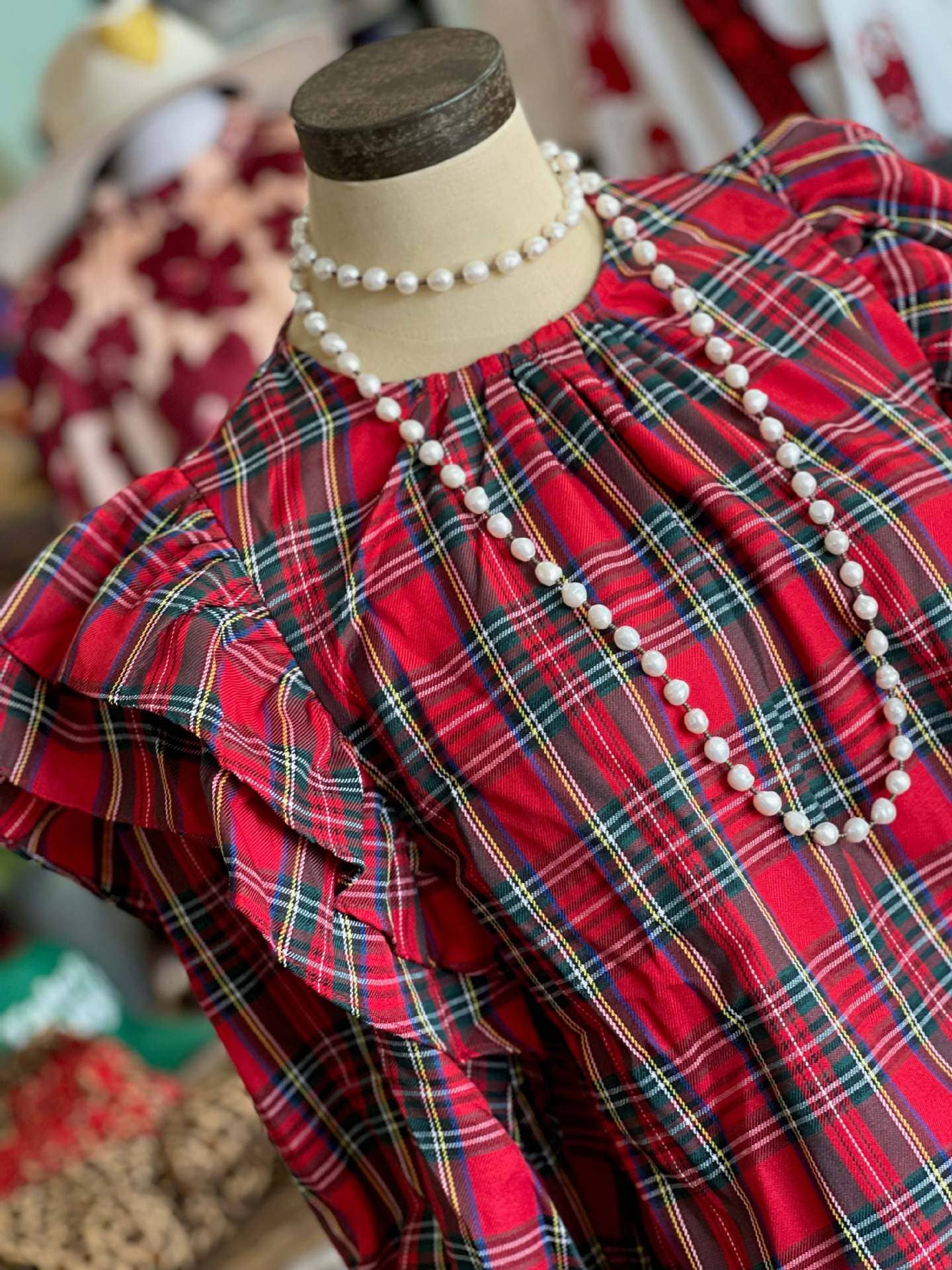 Christmas red & green plaid ruffle Balloon Sleeve blouse