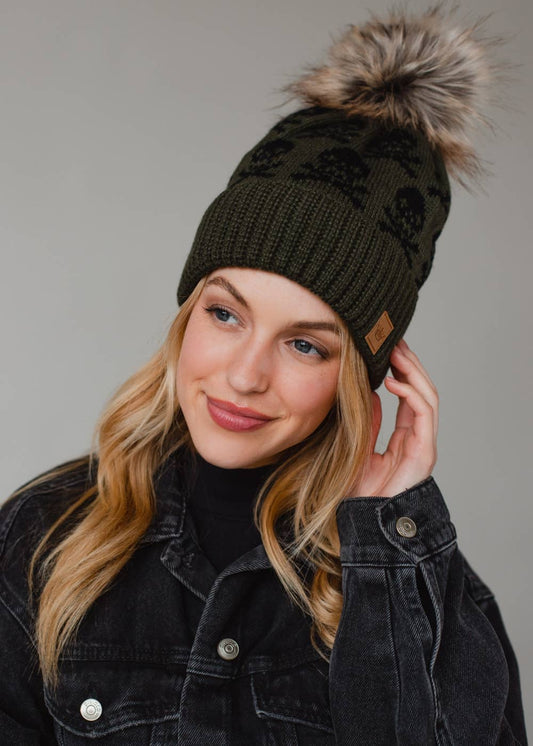Panache Apparel Co. - Olive Skull Pattern Pom Hat