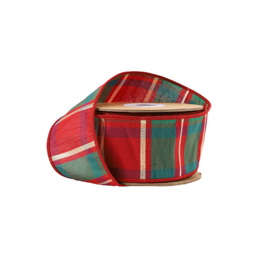 LA Ribbons Wholesale - 2 1/2" Wired Dupioni Ribbon | Red/Green/Gold Plaid Check | 10 Yard Roll
