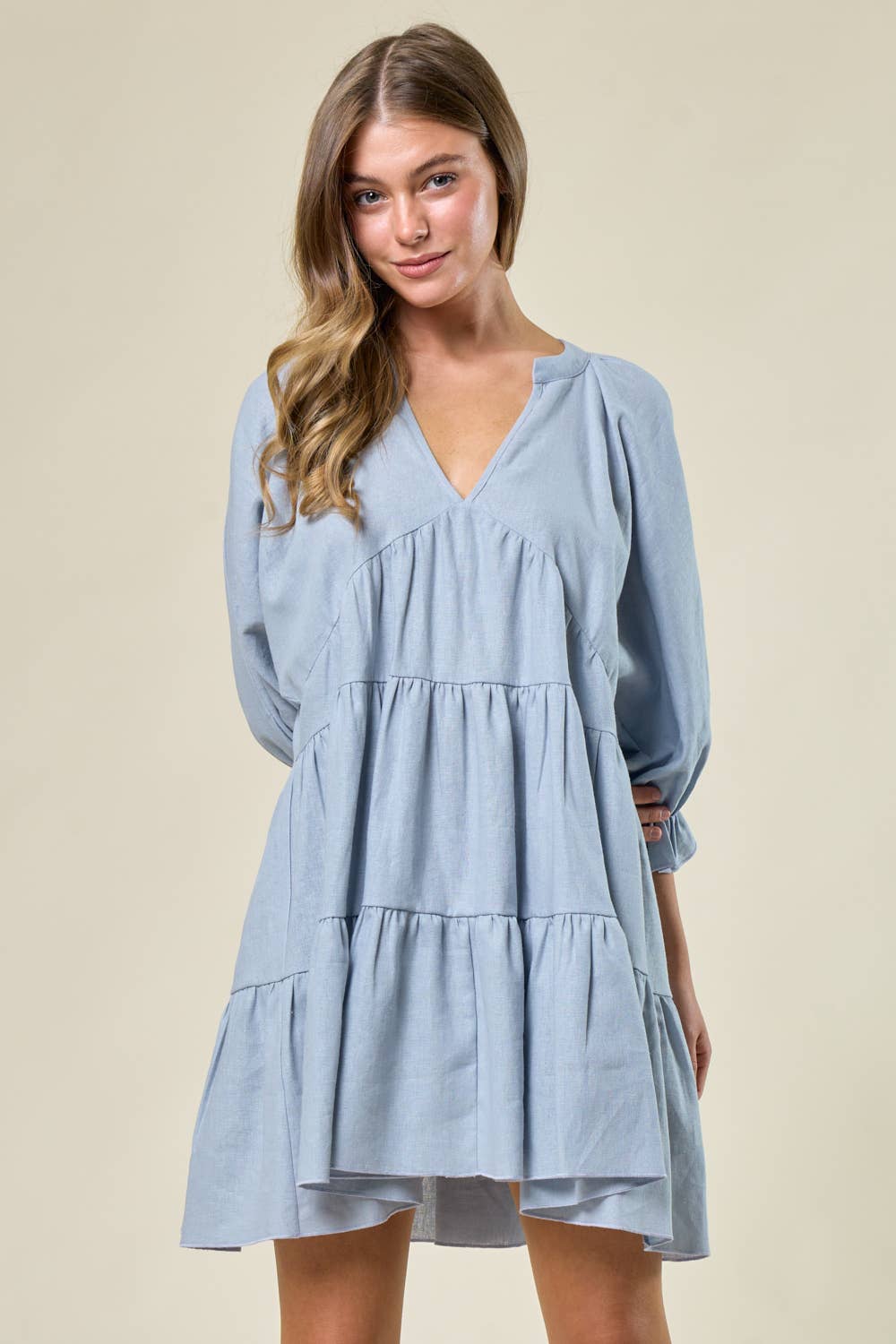 SD2438A BLUE LINEN TIER WESTERN DRESS