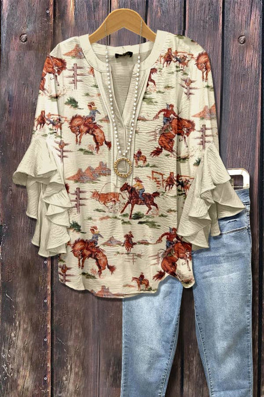 Wild Western Cowboy & Floral Print Ruffle Sleeve Top
