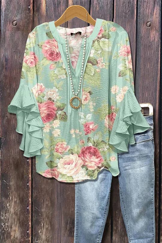 Wild Western Cowboy & Floral Print Ruffle Sleeve Top
