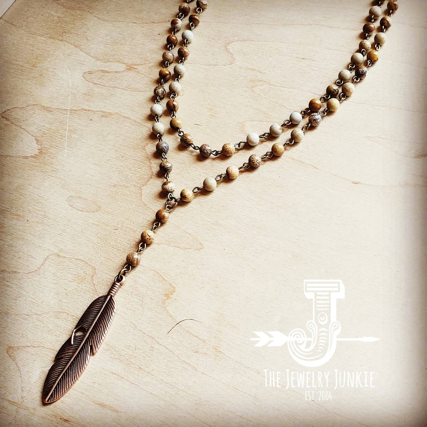 Double Strand Lariat Picture Jasper Necklace w/ Feather