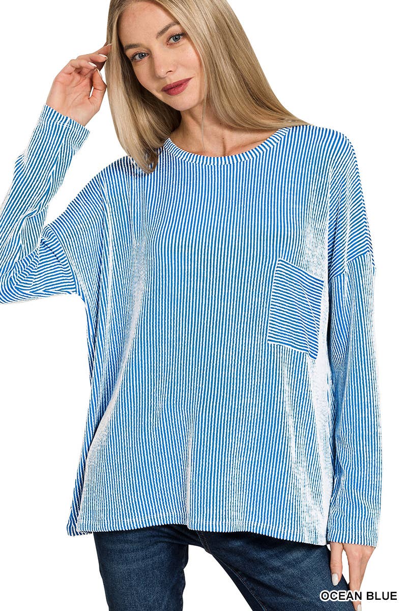 '...._ Ribbed Striped Oversized Long Sleeve Top