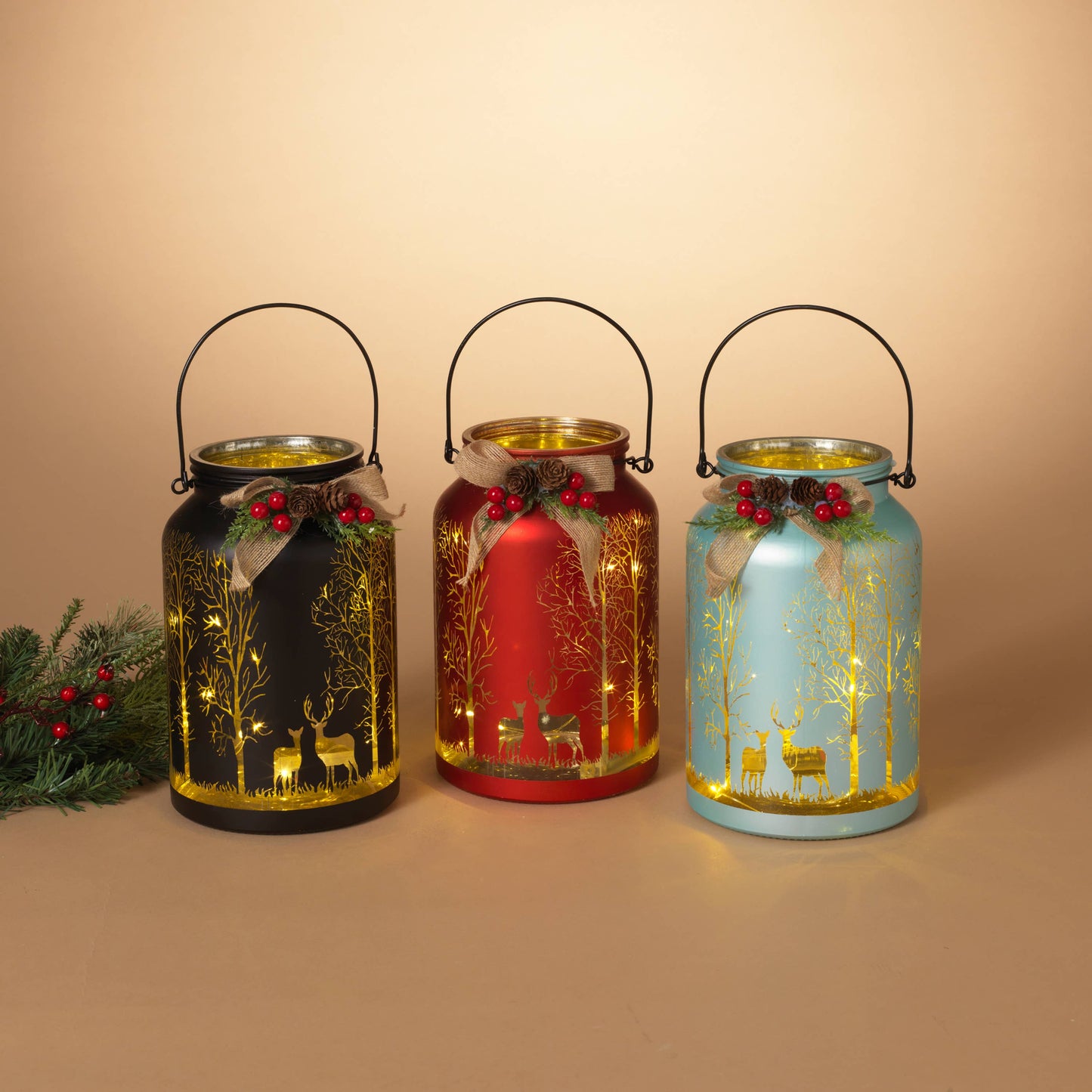 The Gerson Companies - Holiday 13.9"H B/O Lighted Glass Holiday Lantern, 3 Asst