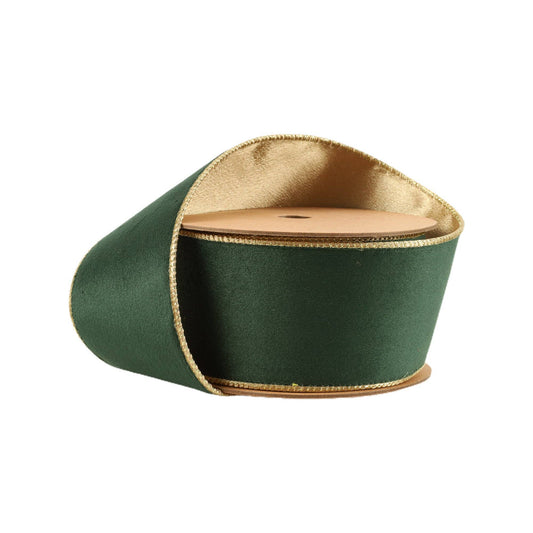LA Ribbons Wholesale - 2 1/2" Reversible Classic Velvet Wired Ribbon | Green/Gold | 10 Yard Roll