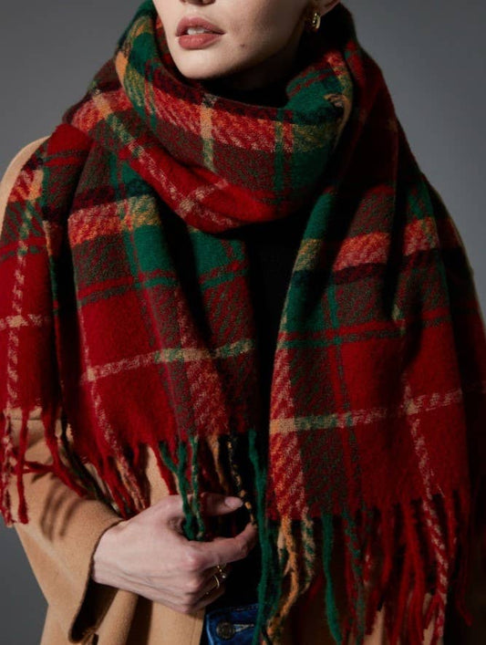 Vintage Color-Blocked Red Plaid Tassel Scarf