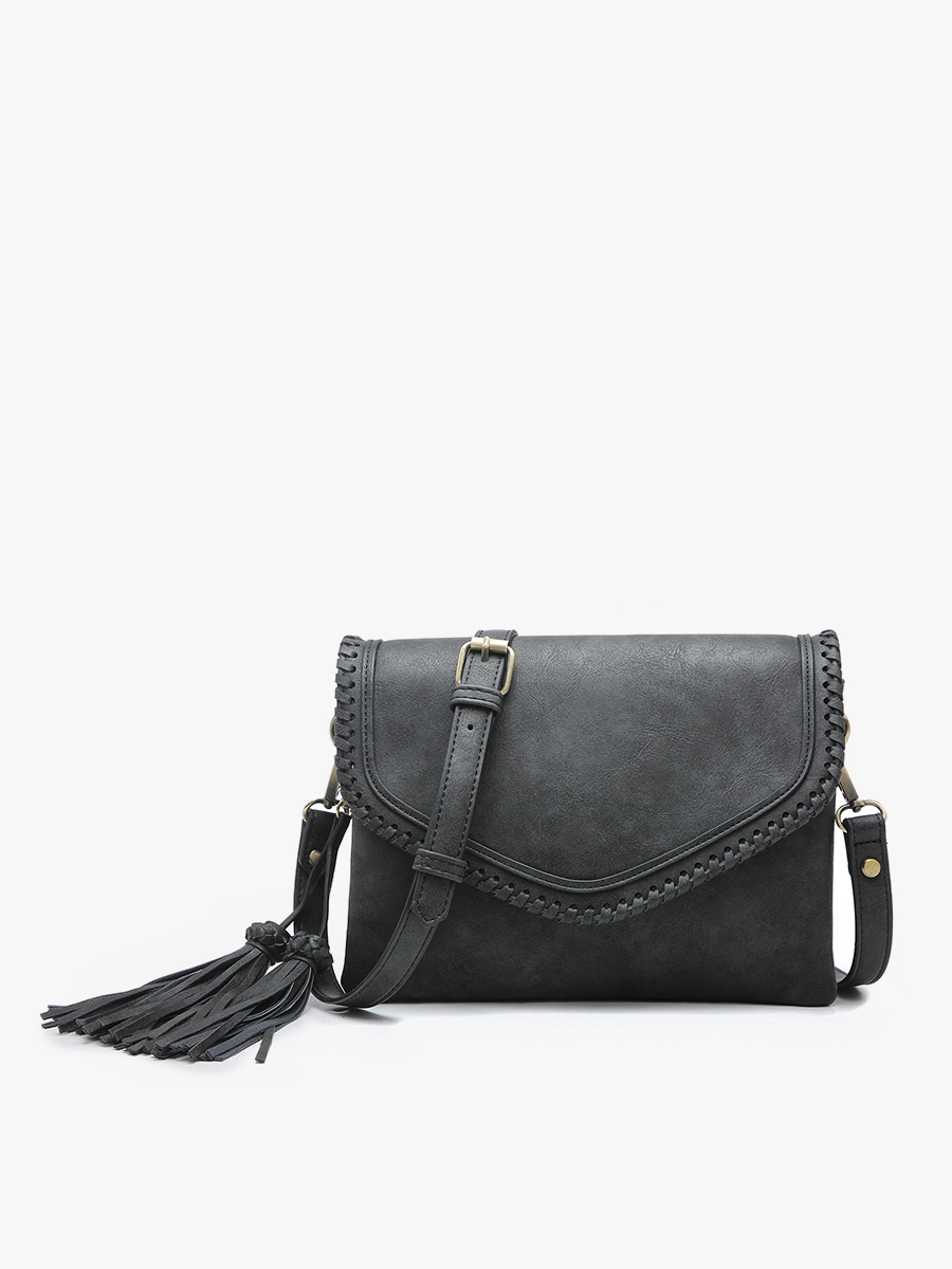 Jen & Co. - M1802A Sloane Flapover Crossbody w/ Whipstitch and Tassel