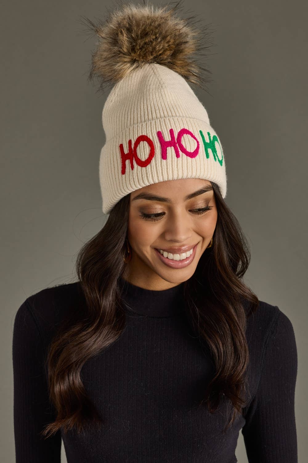 Panache Apparel Co. - Beige Ho Ho Ho Knit Pom Hat