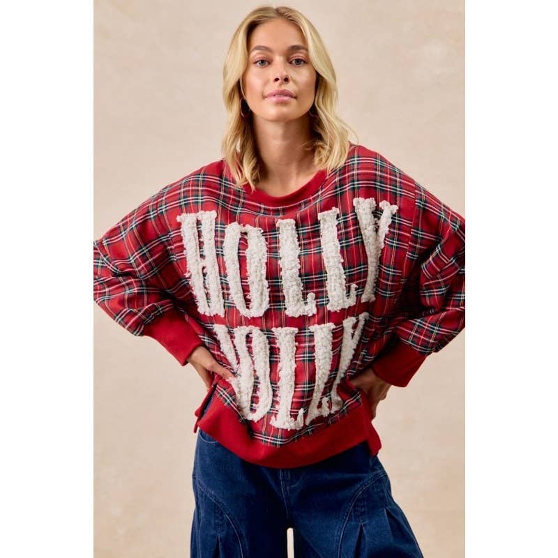 Holly Jolly Christmas Plaid Oversized Sweatshirt