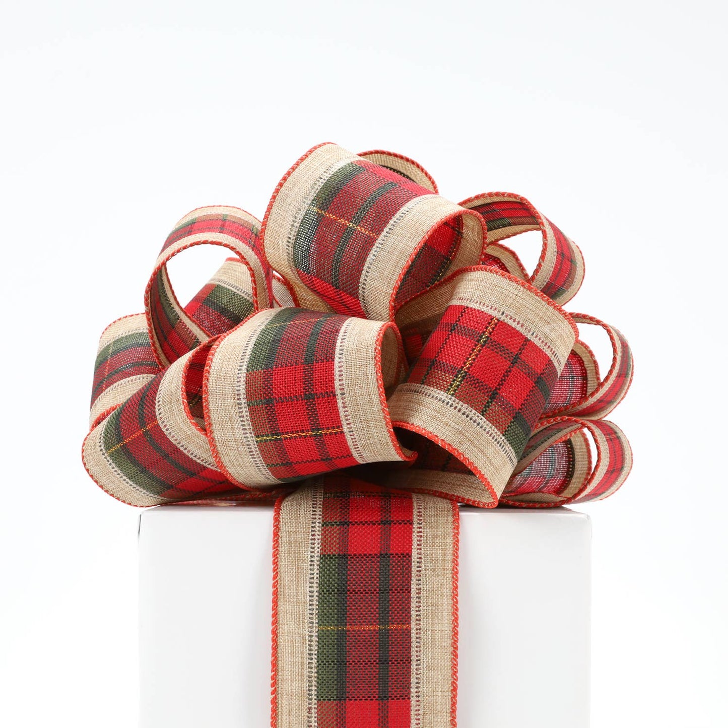 LA Ribbons Wholesale - 2 1/2" Burlap Holiday Wired Ribbon | "Plaid" Natural/Black/Red | 10 Yard Roll