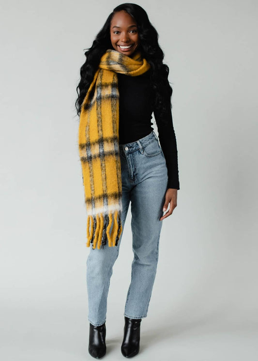 Panache Apparel Co. - Mustard Plaid Long Scarf with Fringe