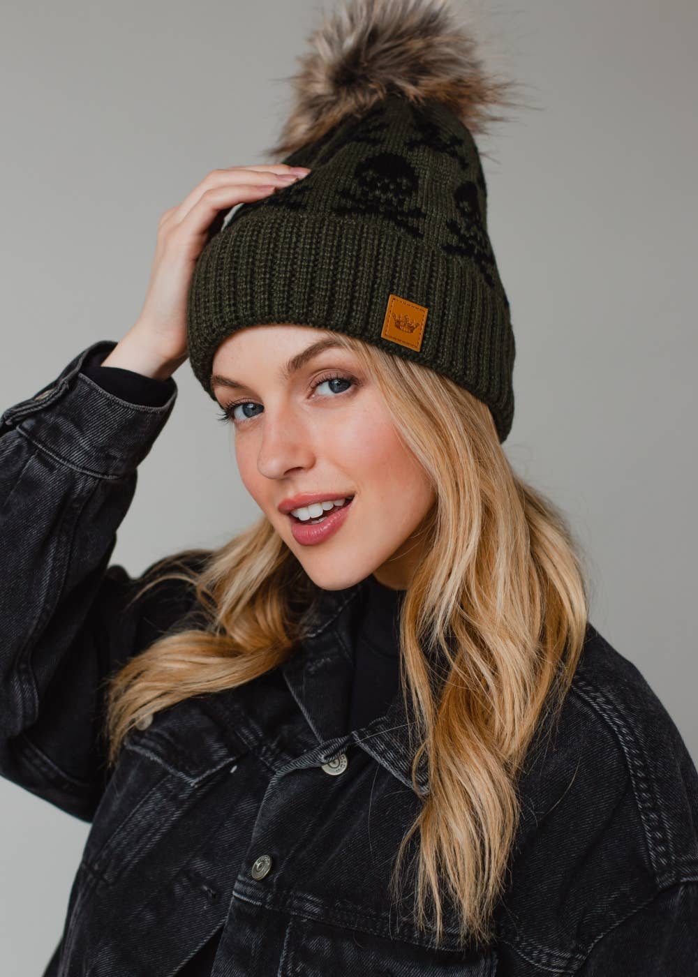 Panache Apparel Co. - Olive Skull Pattern Pom Hat