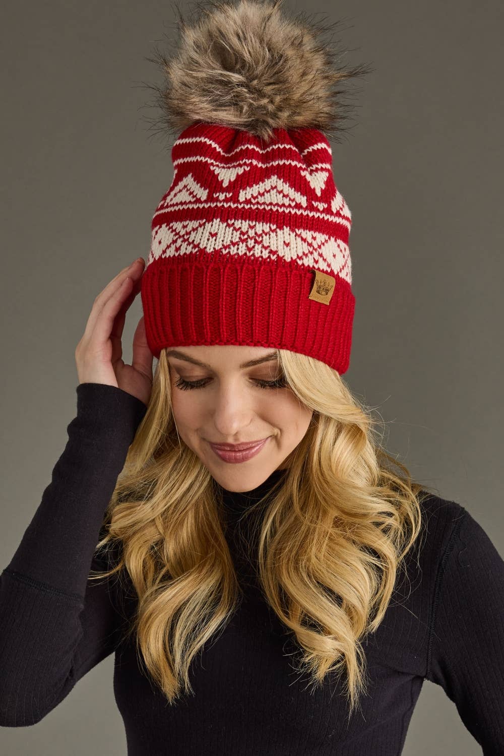 Panache Apparel Co. - Red & Cream Patterned Pom Hat