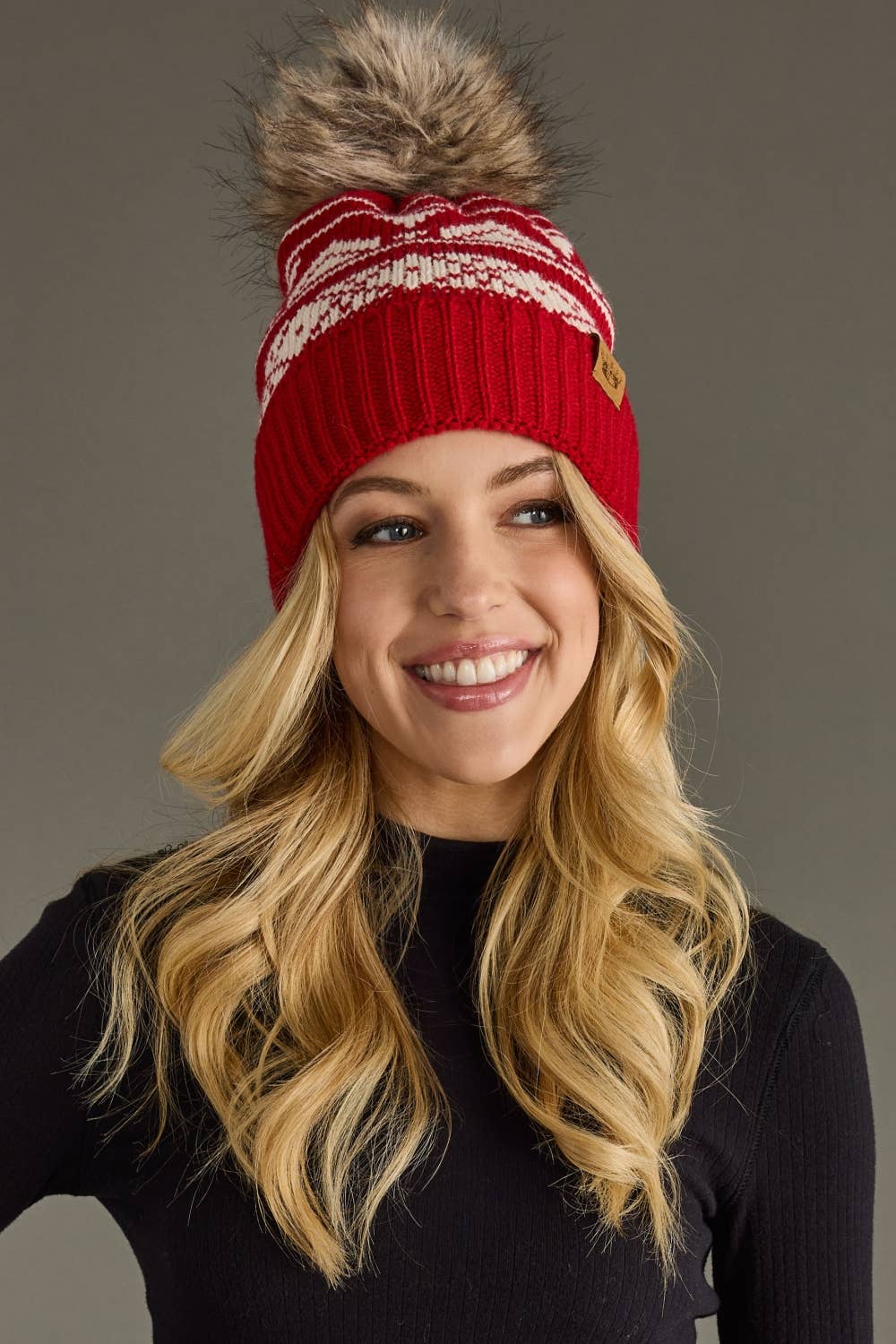 Panache Apparel Co. - Red & Cream Patterned Pom Hat