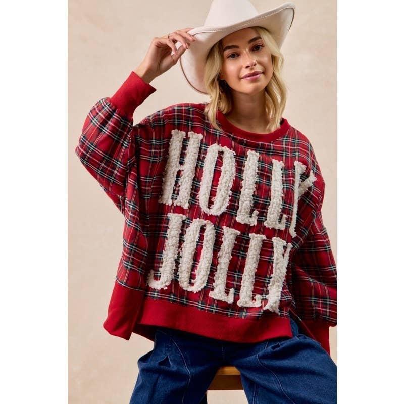 Holly Jolly Christmas Plaid Oversized Sweatshirt
