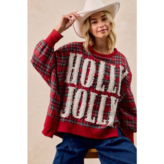 Holly Jolly Christmas Plaid Oversized Sweatshirt