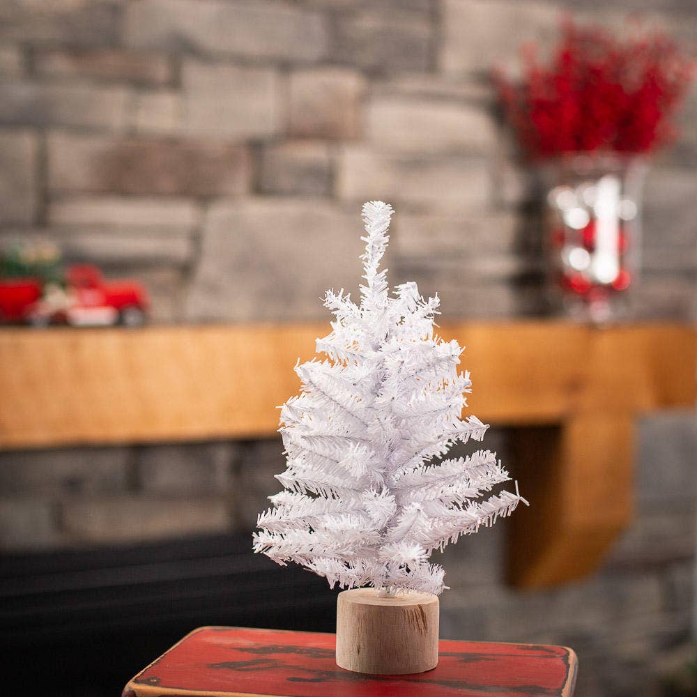 Factory Direct Craft - 12" White Artificial Canadian Pine Tree w/ Natural Wood Base