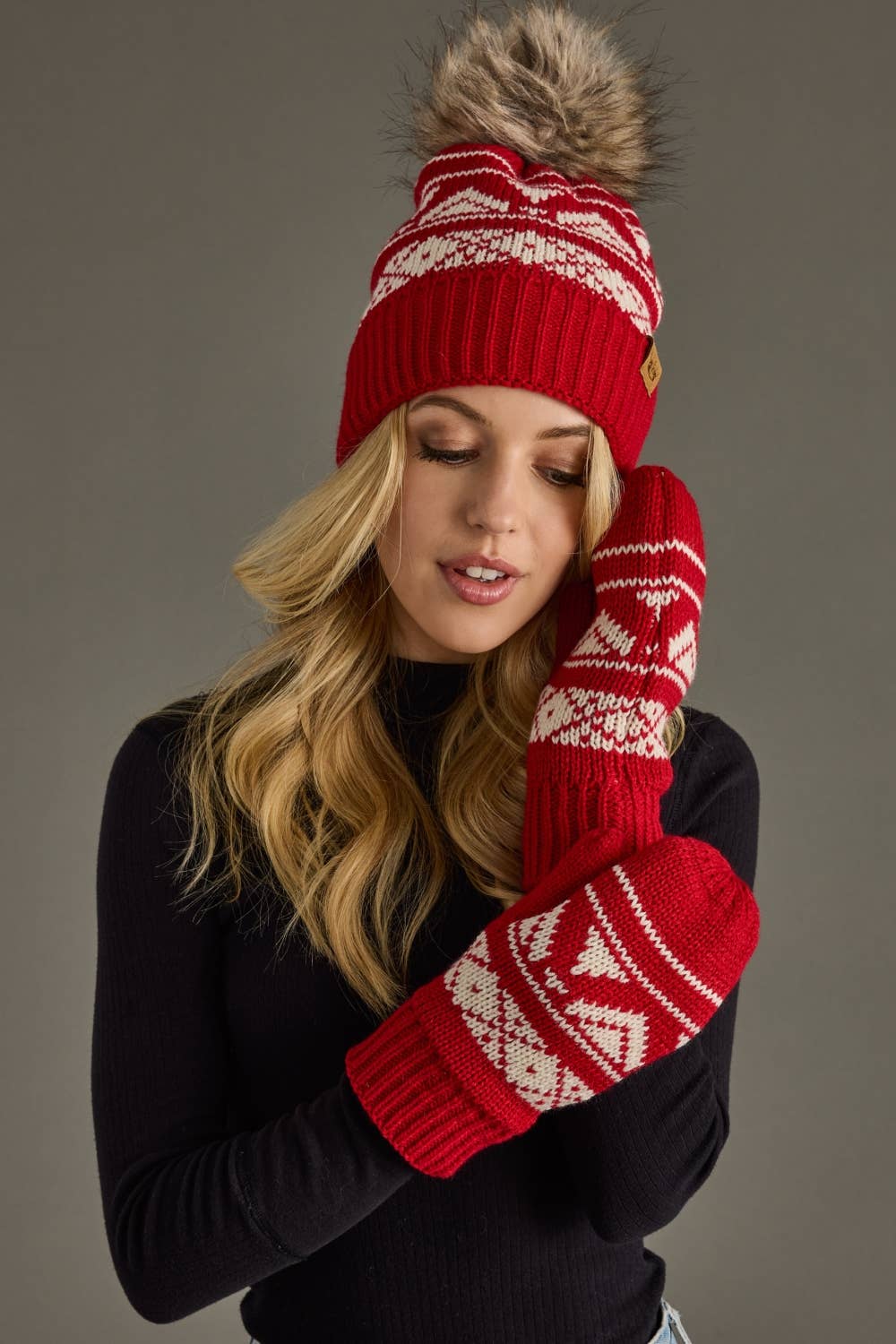 Panache Apparel Co. - Red & Cream Patterned Pom Hat