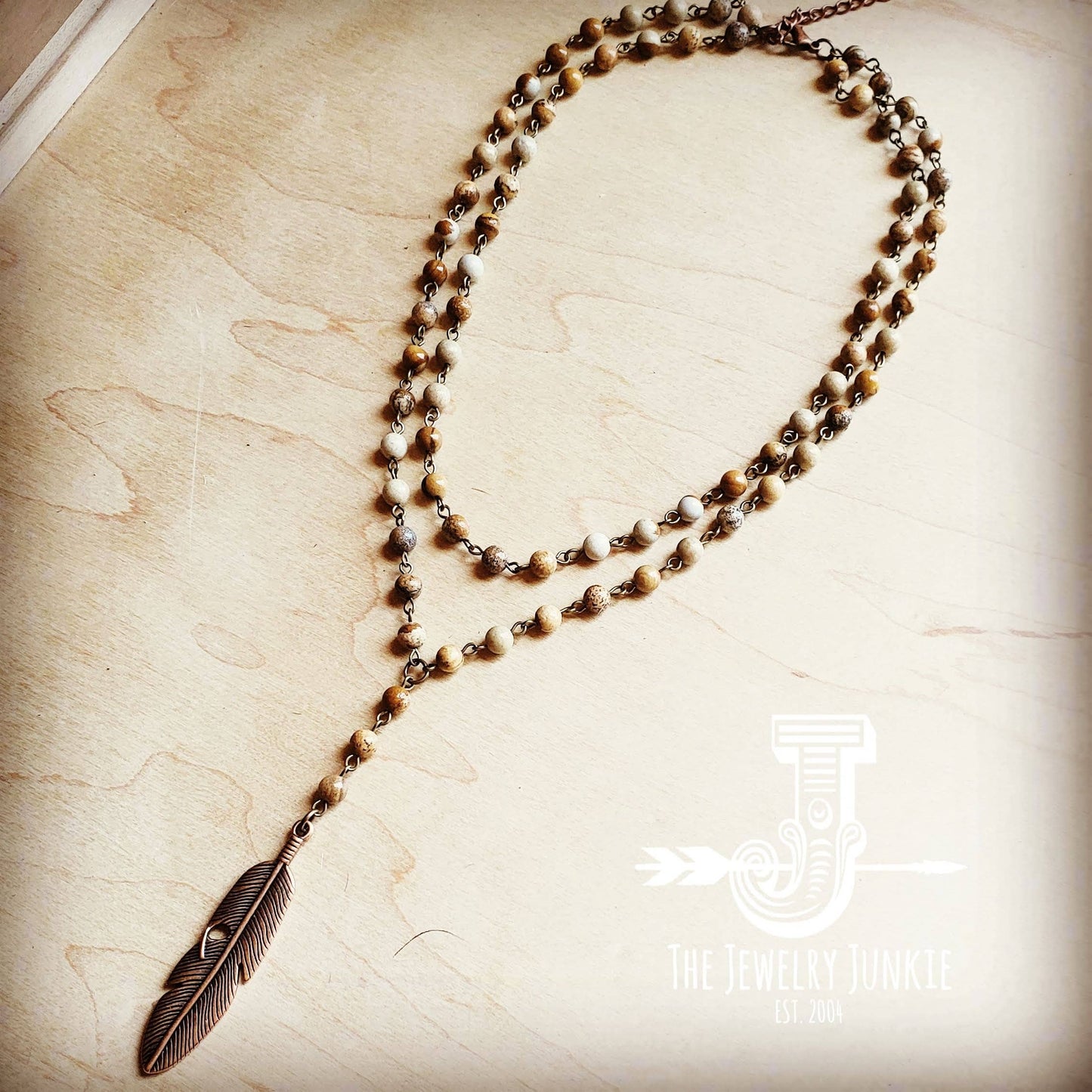Double Strand Lariat Picture Jasper Necklace w/ Feather