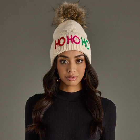Panache Apparel Co. - Beige Ho Ho Ho Knit Pom Hat