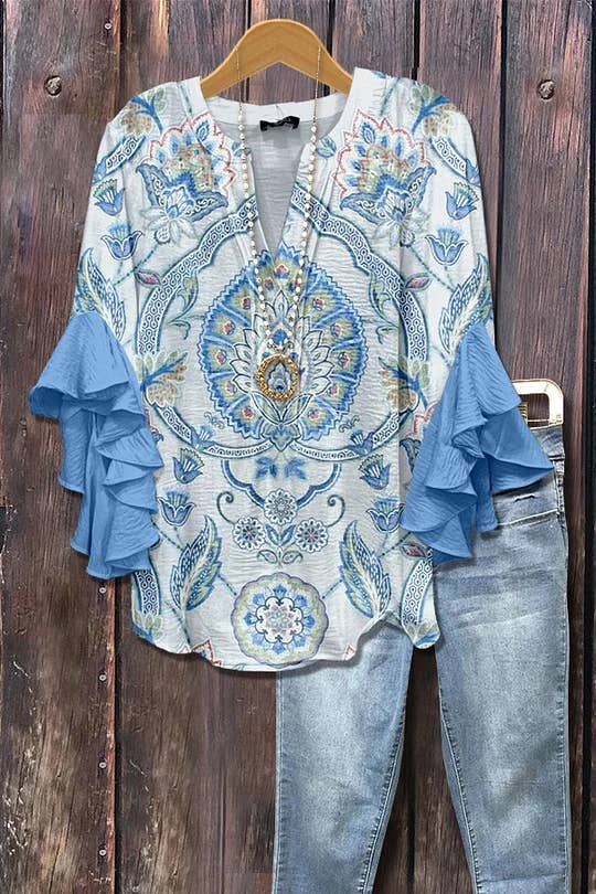 Wild Western Cowboy & Floral Print Ruffle Sleeve Top