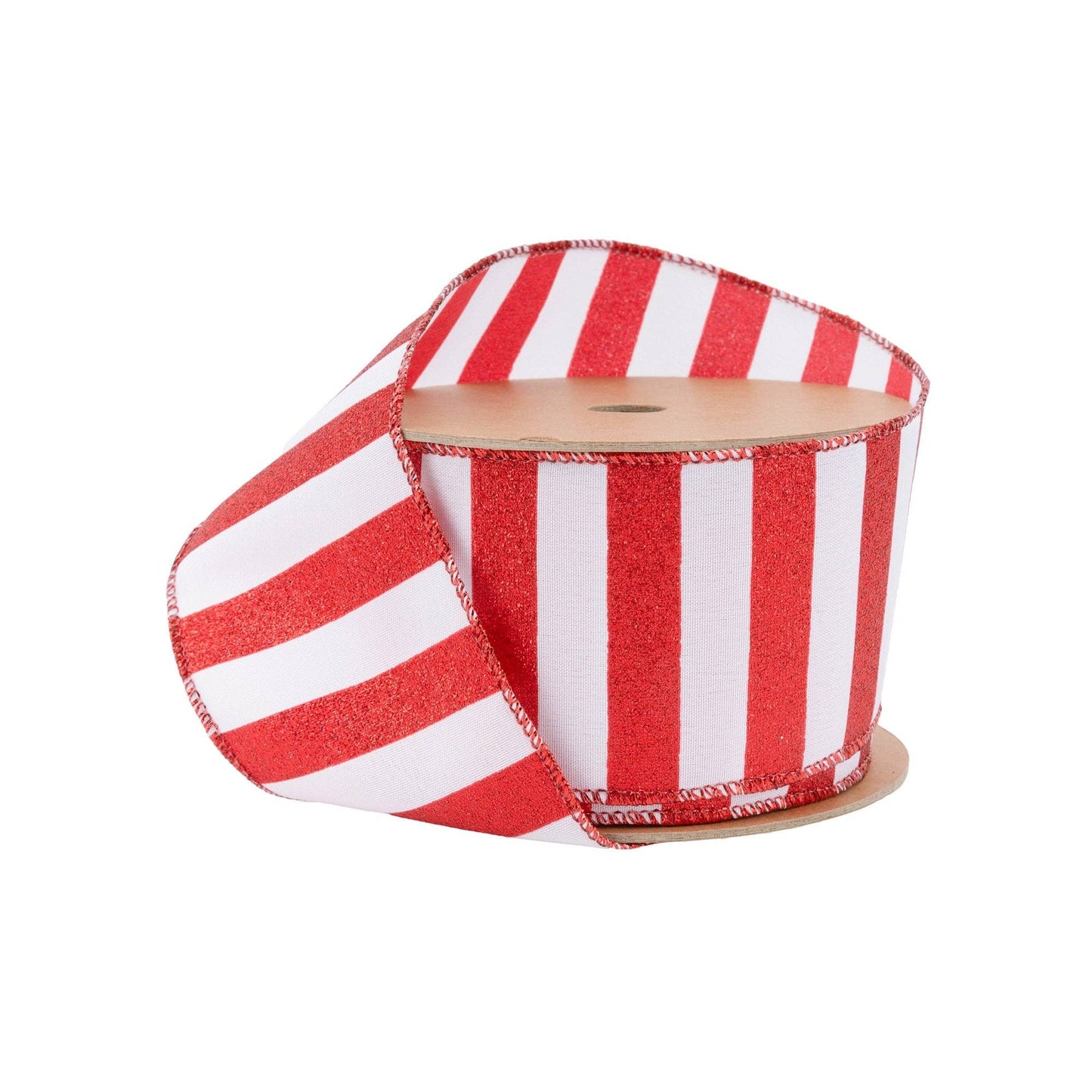 LA Ribbons Wholesale - Red Glittered Stripes on White Wired Ribbon, 10 Yard Roll