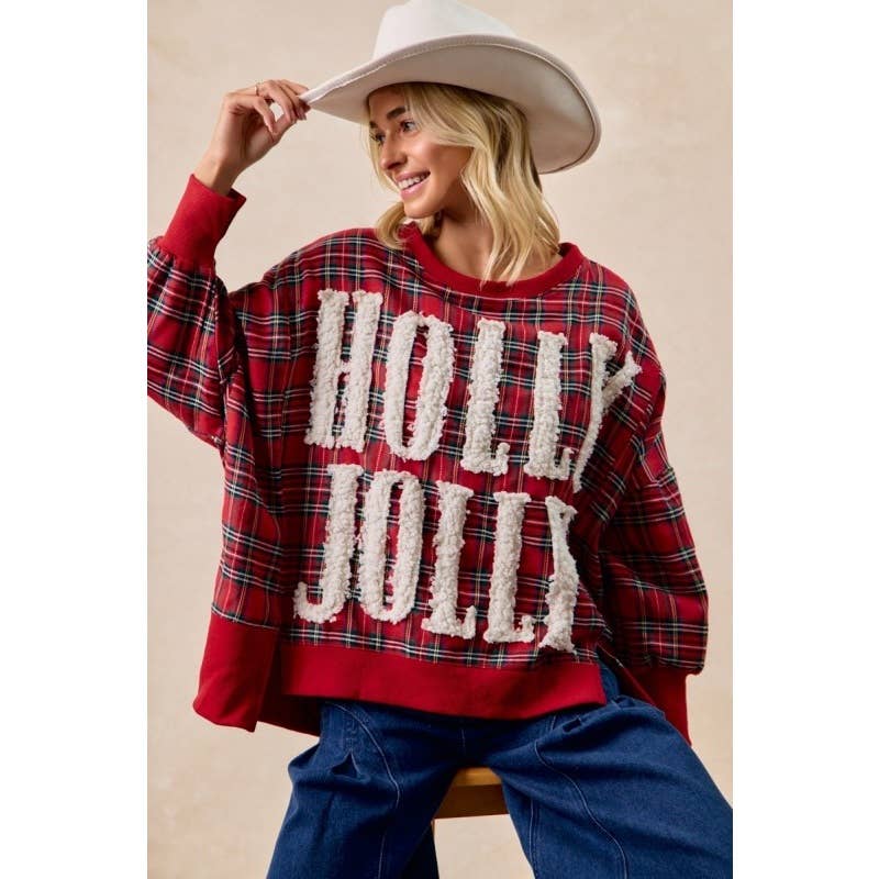 Holly Jolly Christmas Plaid Oversized Sweatshirt