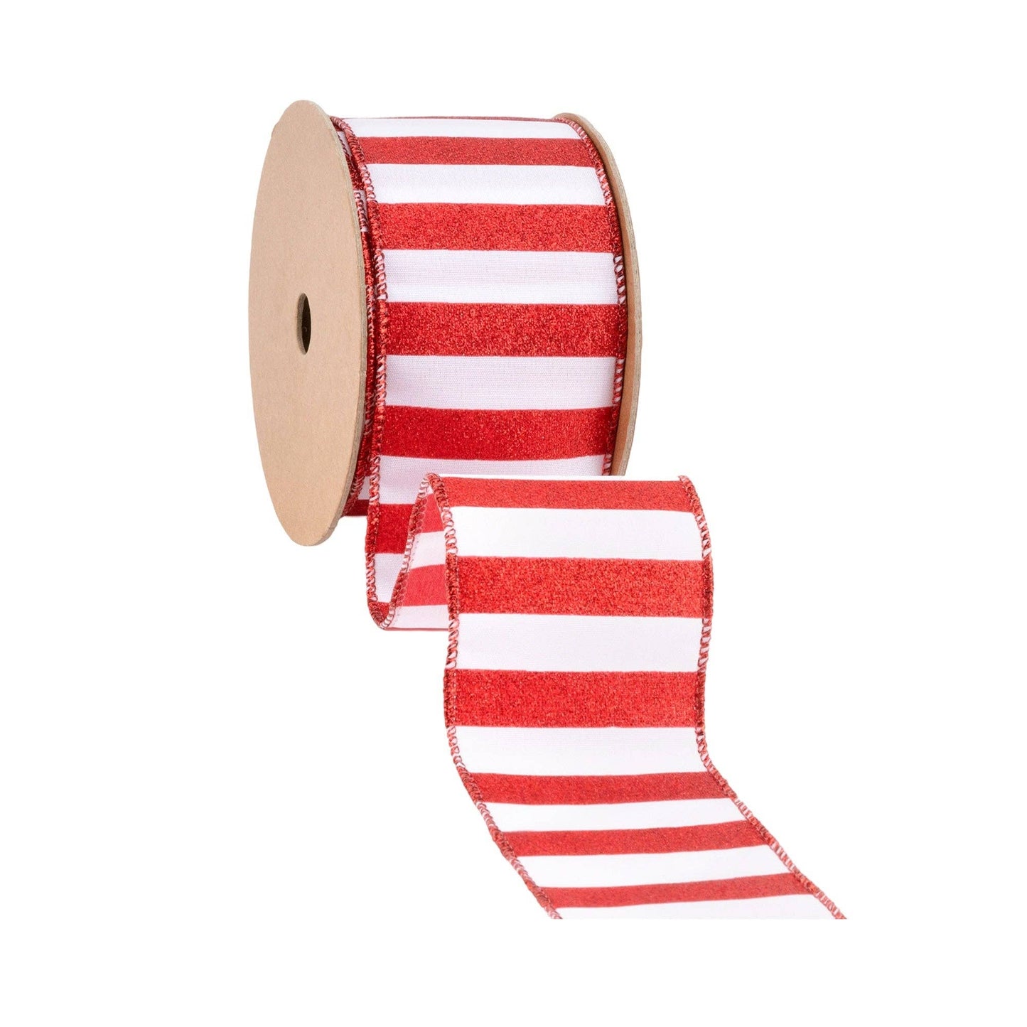 LA Ribbons Wholesale - Red Glittered Stripes on White Wired Ribbon, 10 Yard Roll