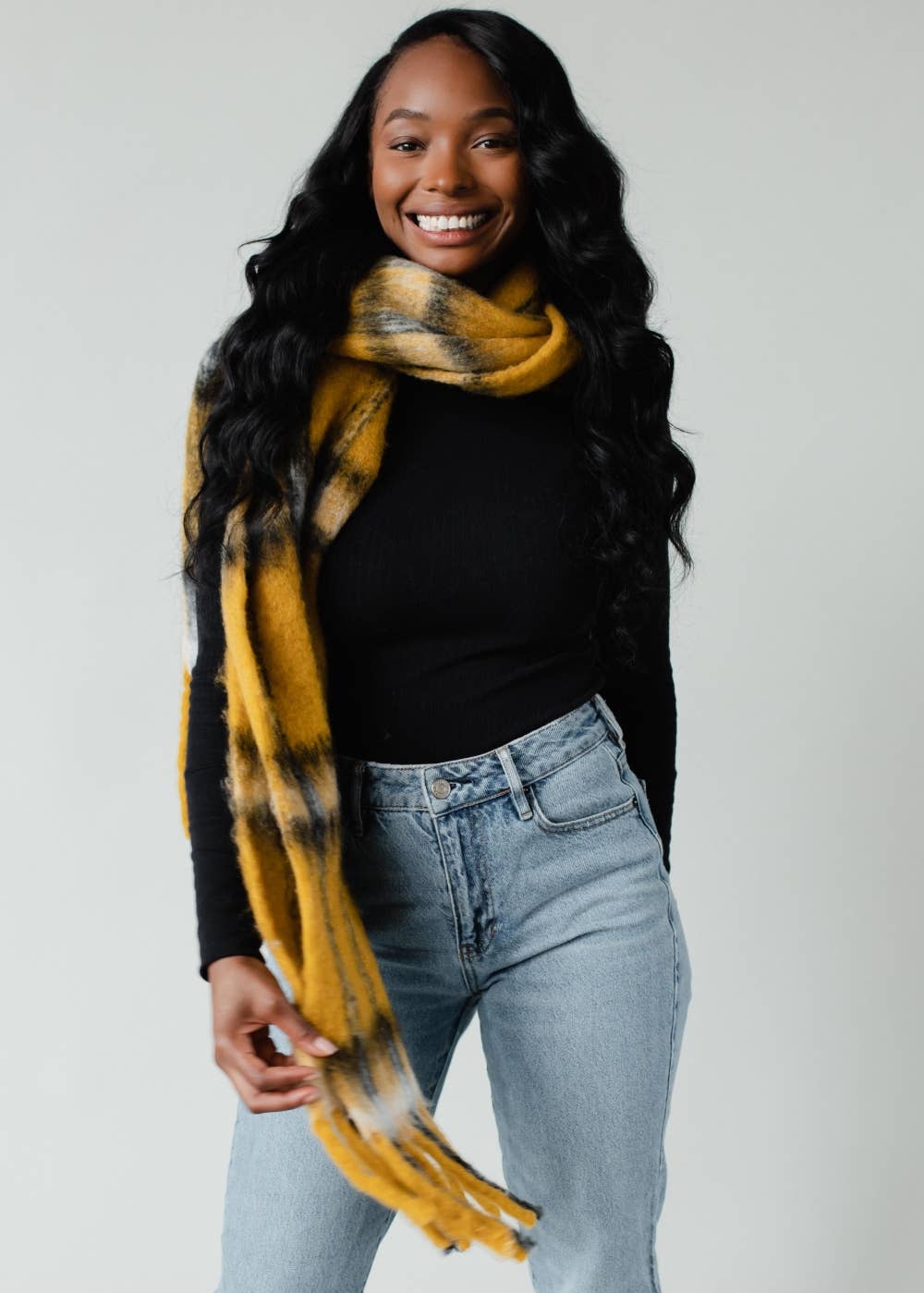 Panache Apparel Co. - Mustard Plaid Long Scarf with Fringe
