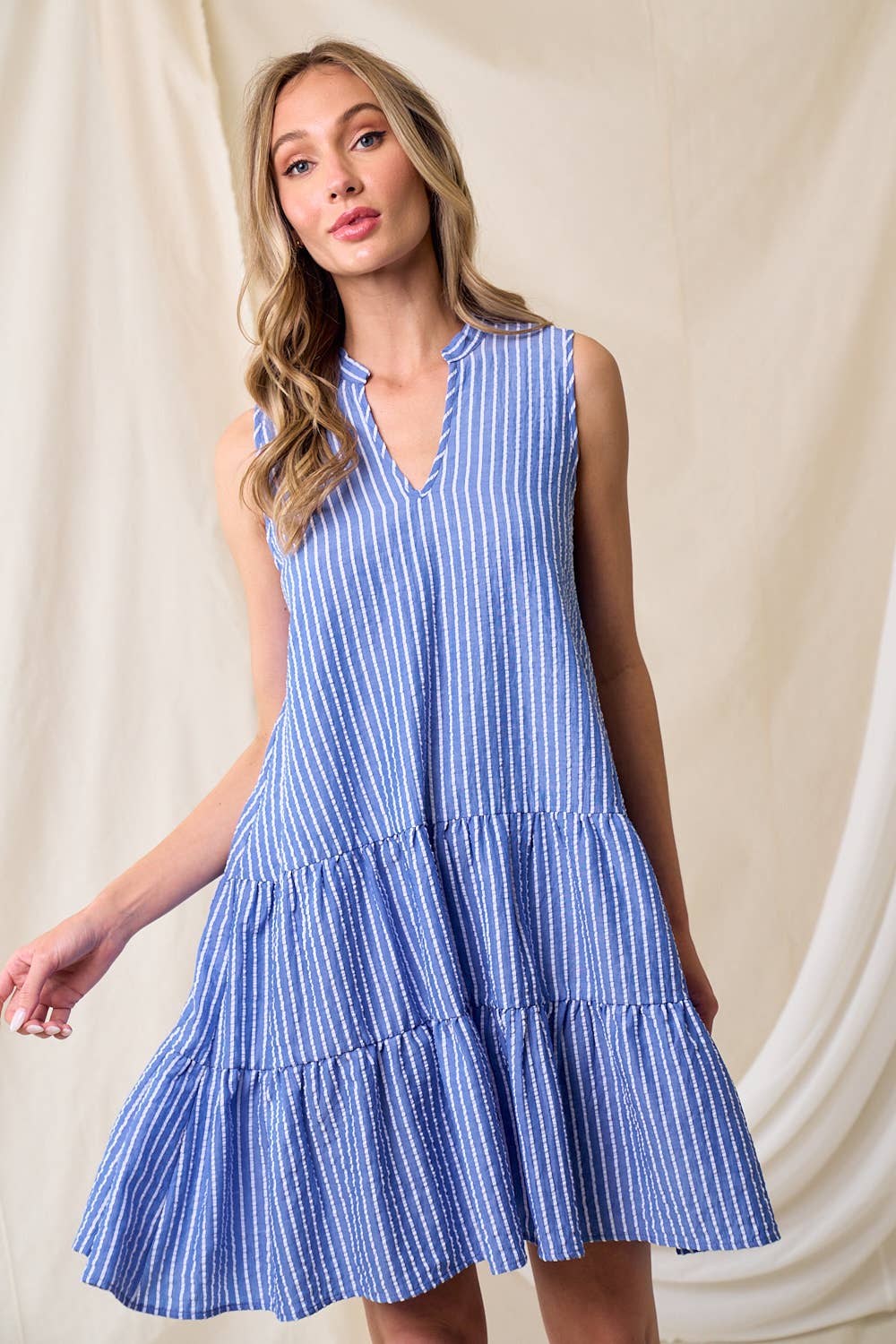 SD2569A STRIPE WESTERN PREPPY S/L SEARSUCKER TIER  DRESS