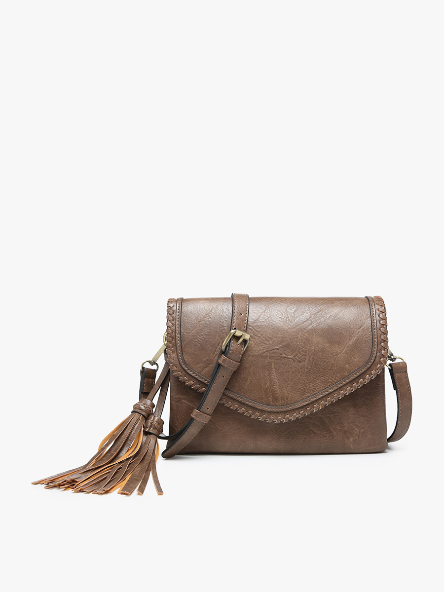 Jen & Co. - M1802A Sloane Flapover Crossbody w/ Whipstitch and Tassel