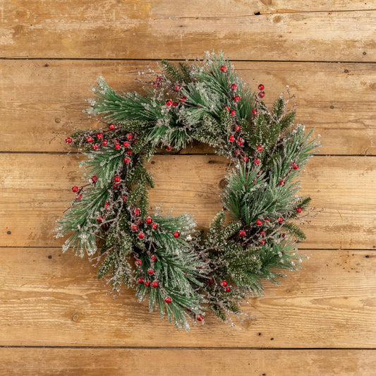 24" ICY MIXED PINE & RED BERRY WREATH
