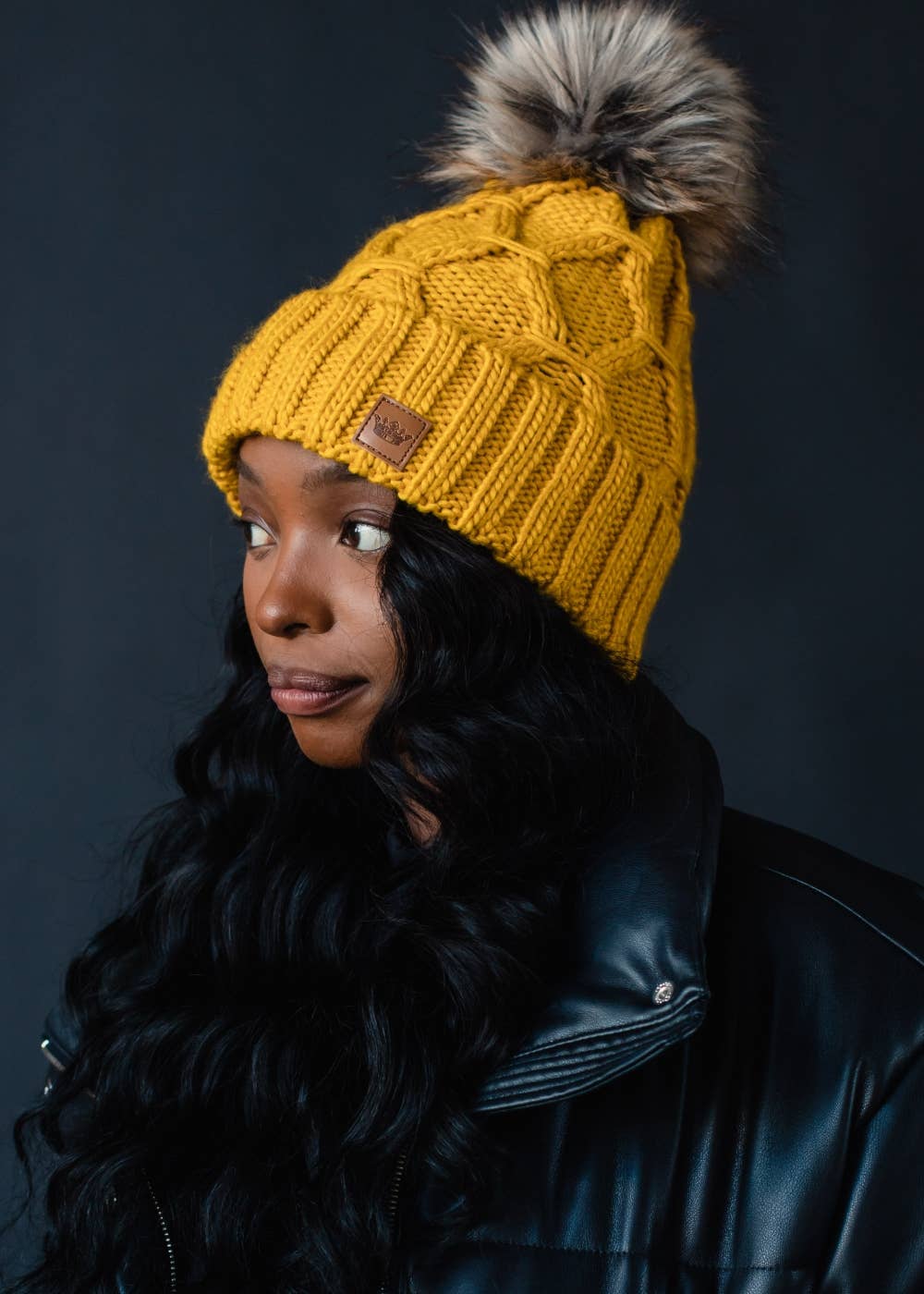 Panache Apparel Co. - Mustard Diamond Cable Knit Pom Hat