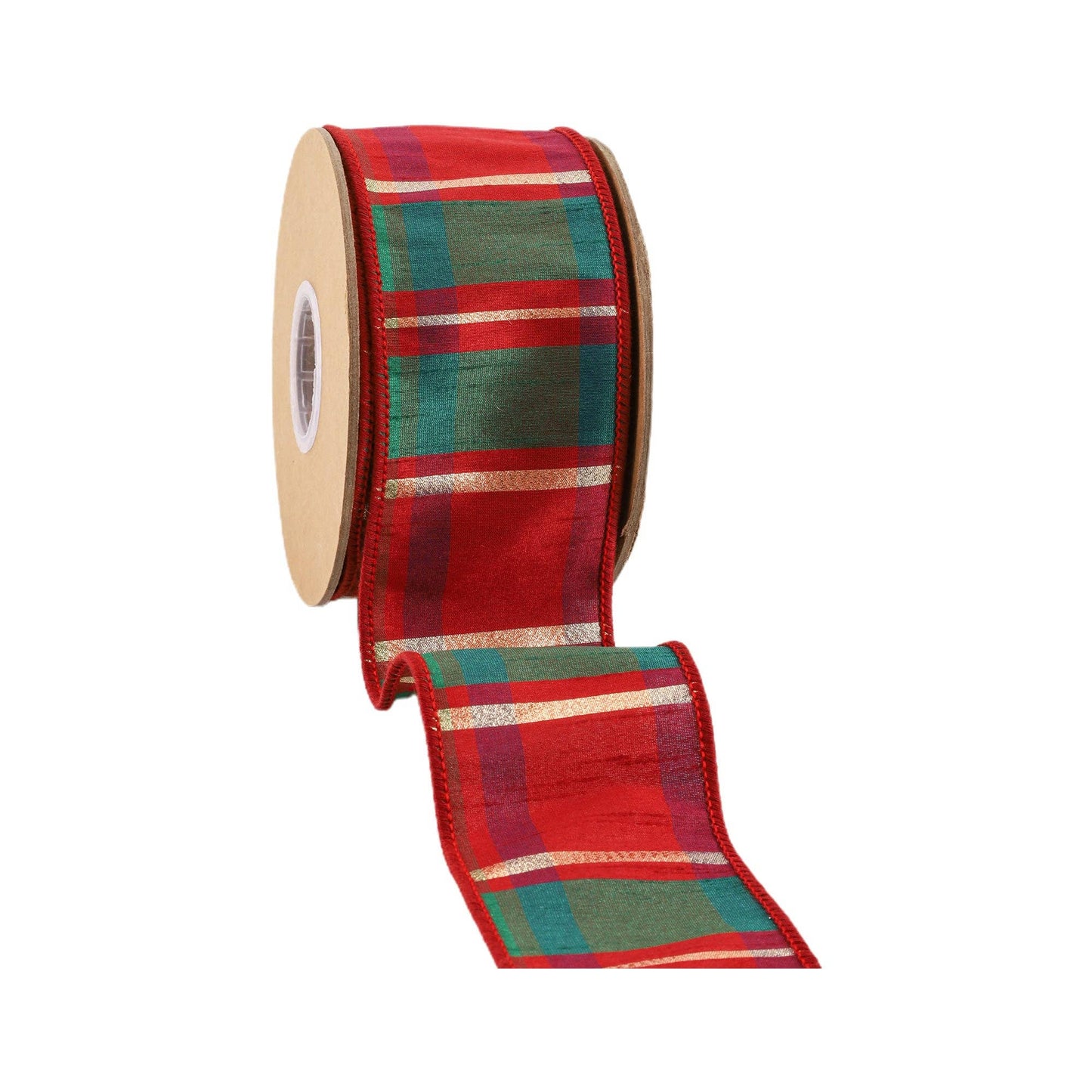 LA Ribbons Wholesale - 2 1/2" Wired Dupioni Ribbon | Red/Green/Gold Plaid Check | 10 Yard Roll