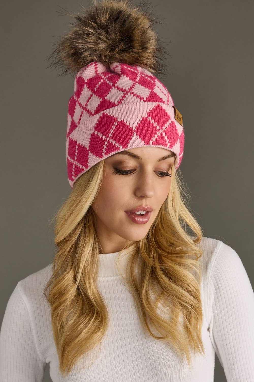 Panache Apparel Co. - Pink & Blush Argyle Pattern Pom Hat